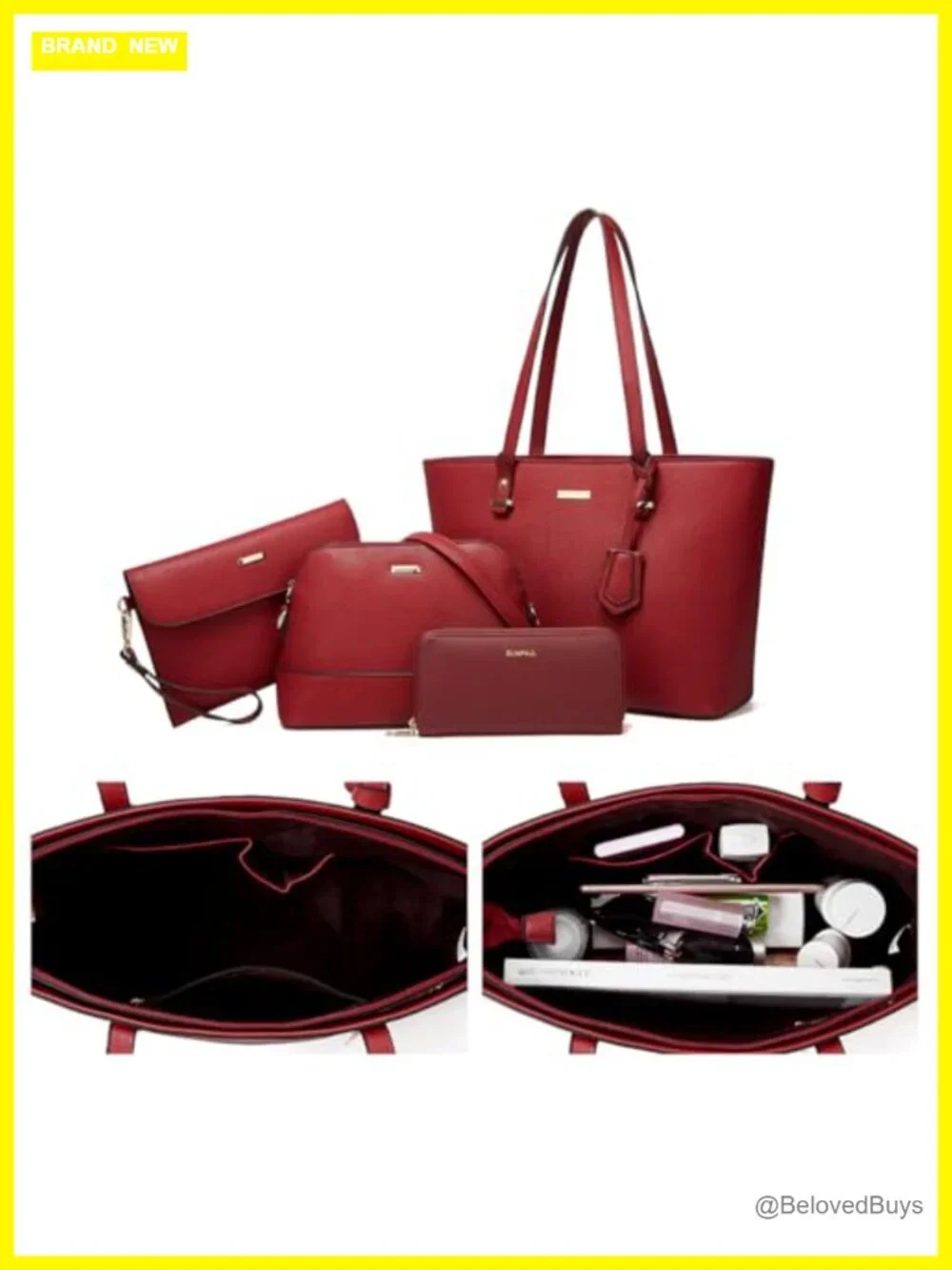 4-Piece Handbag Set Includes Tote, Shoulder Bag, Satchel, Wallet & Card Holder
